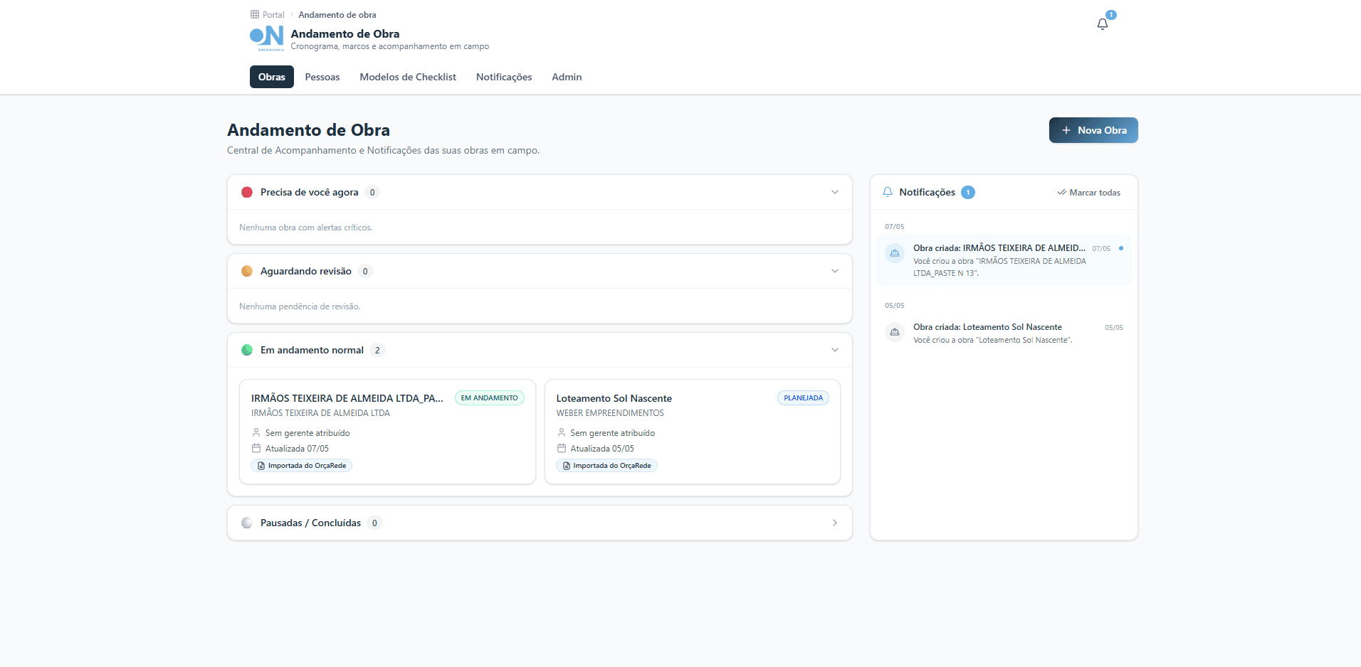 Print: Dashboard de obra completo